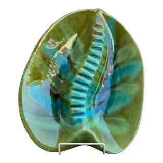 Vintage MCM California Pottery Usa 404 Green & Aqua Drip Glaze Ash or Catchall Tray For Sale