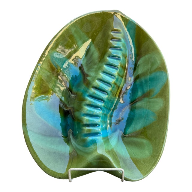 Vintage MCM California Pottery Usa 404 Green & Aqua Drip Glaze Ash or Catchall Tray For Sale