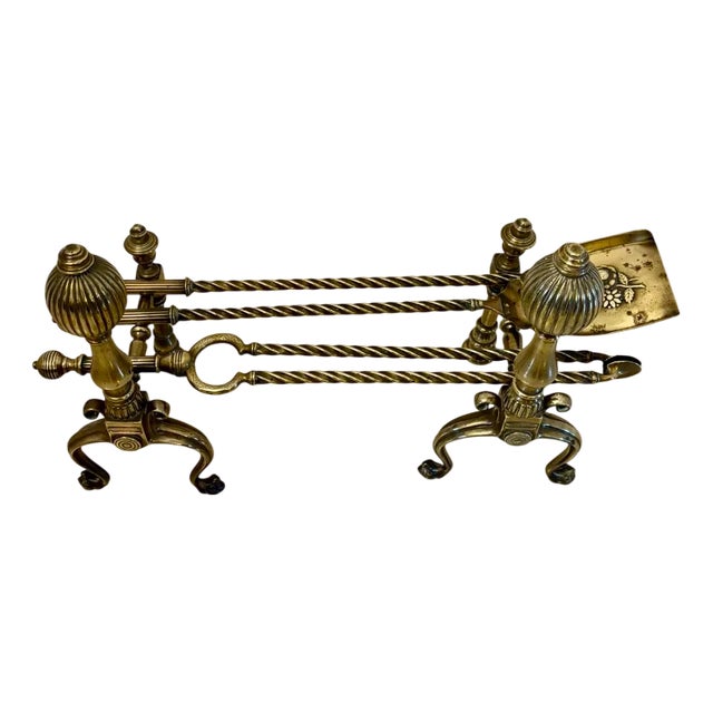 Antique Victorian Brass Fire Irons and Dog, 1860 For Sale