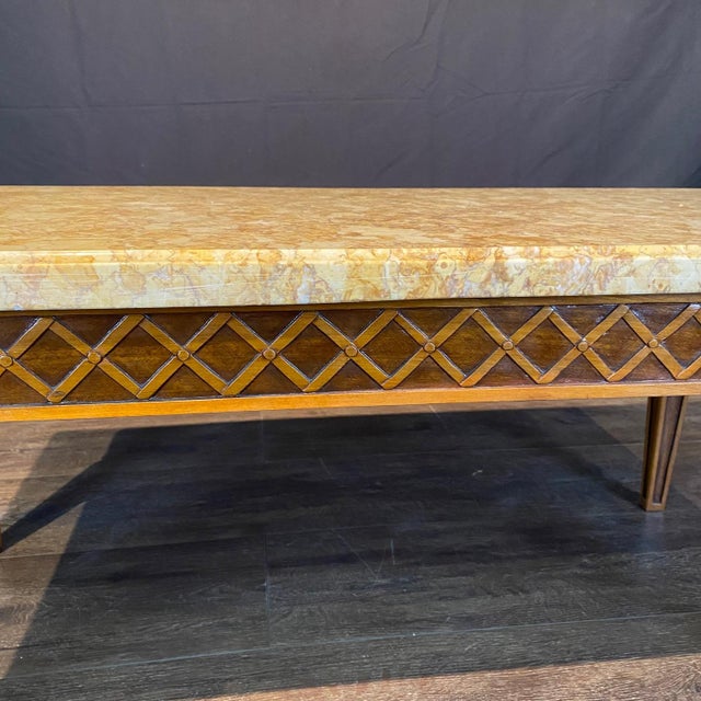 French French Louis XVI Style Coffee Table With Marble Top and Geometric Lattice Design For Sale - Image 3 of 9