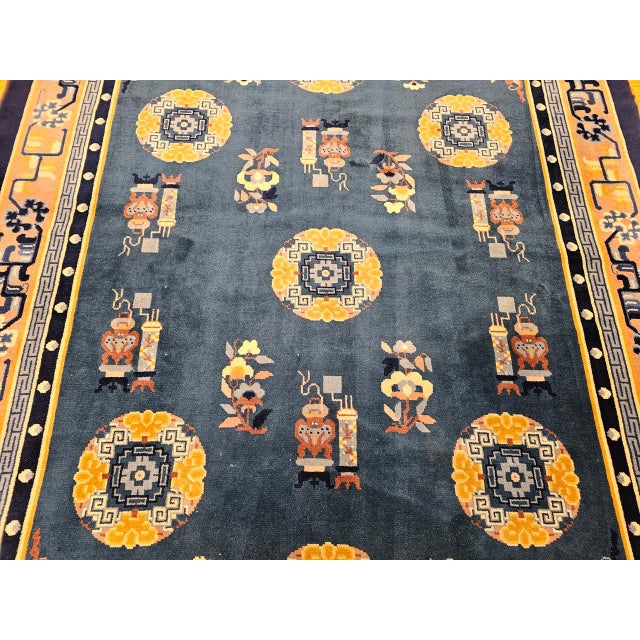Royal Blue Vintage Art Deco Chinese Rug, Handwoven Wool Pile, Floral Design, Blue, 6' x 8' For Sale - Image 8 of 14