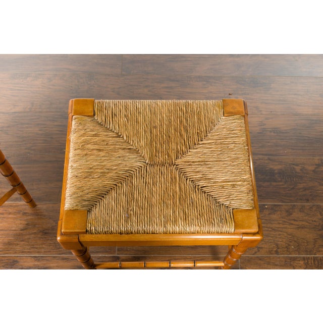 Vintage Pair of English Midcentury Faux Bamboo Walnut Stools with Rush Seats For Sale - Image 11 of 12
