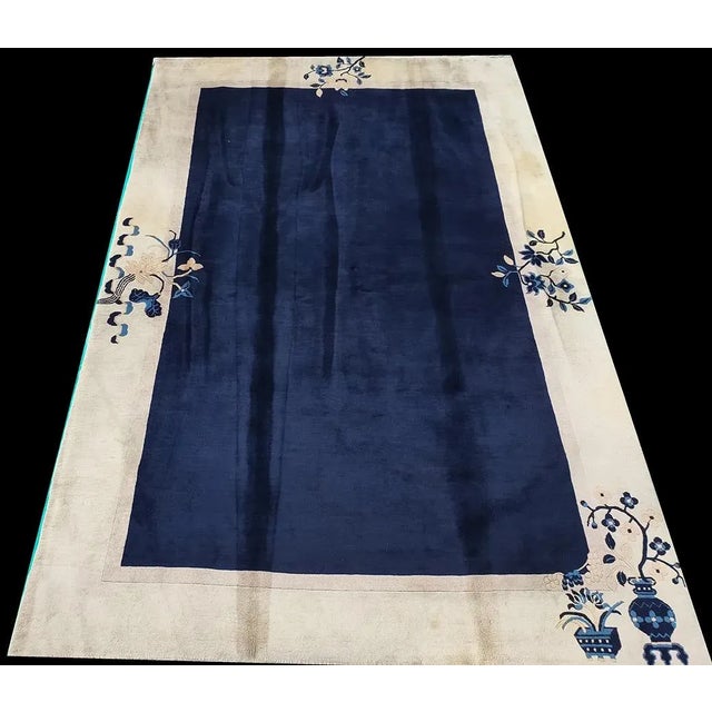 1920s Navy Open Field Floral Deco Antique Chinese Peking Room Size Rug For Sale In New York - Image 6 of 6