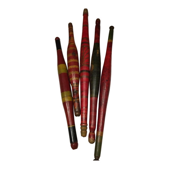 Mid 20th Century Handmade Wooden Red Yellow & Green Dowels - Set of 5 For Sale