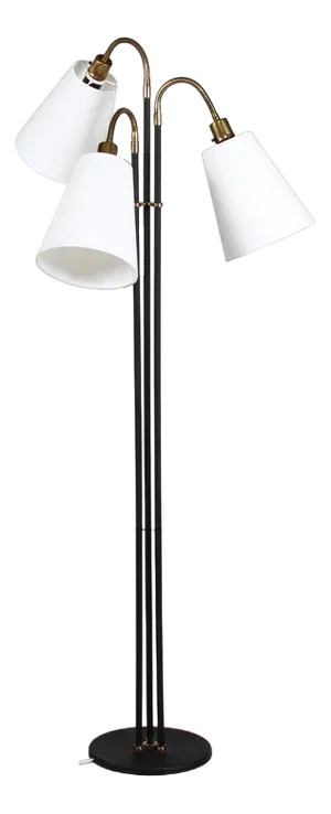 3-Armed Floor Lamp in Brass and Black Lacquered Metal in the Style of Josef Frank, 1950s