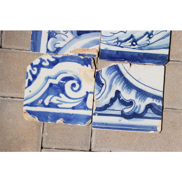 Ceramic Antique Set of 6 Baroque Portuguese Tiles, 18th Century Blue & White Scrollwork and Ornamental Motifs For Sale - Image 7 of 10