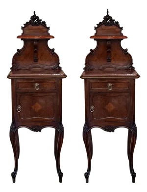 French Walnut Nightstands with Marble Top and Crest, 1890s, Set of 2