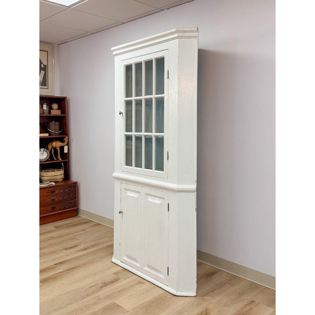 Antique Painted White Corner China Cabinet Pane Glass Door 1800s Display Cabinet For Sale - Image 4 of 18