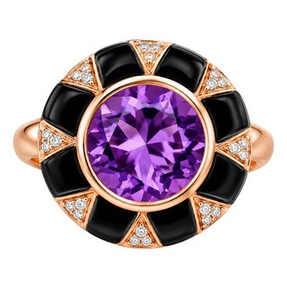 Late 20th Century 14K Pink Rose Gold Amethyst Onyx Diamond Cocktail Ring, Size 7 For Sale