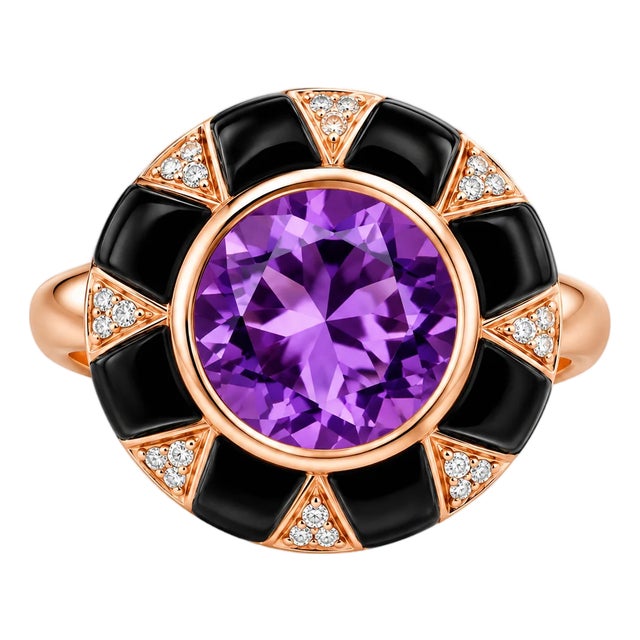Late 20th Century 14K Pink Rose Gold Amethyst Onyx Diamond Cocktail Ring, Size 7 For Sale