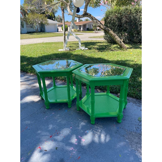 A Pair of Mid-20th Century Hexagonal Accent Tables Glass Top For Sale - Image 4 of 10