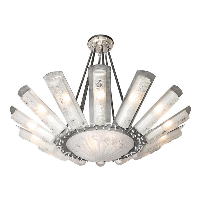 Art Deco Geometric Frosted Glass & Nickeled Starburst Chandelier Signed Degué For Sale