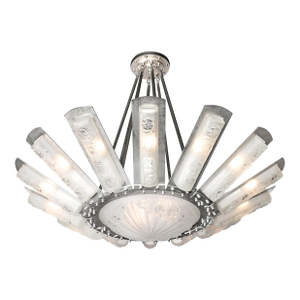 Art Deco Geometric Frosted Glass & Nickeled Starburst Chandelier Signed Degué