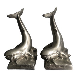 Vintage Pair of Cast Metal Whale Bookends For Sale