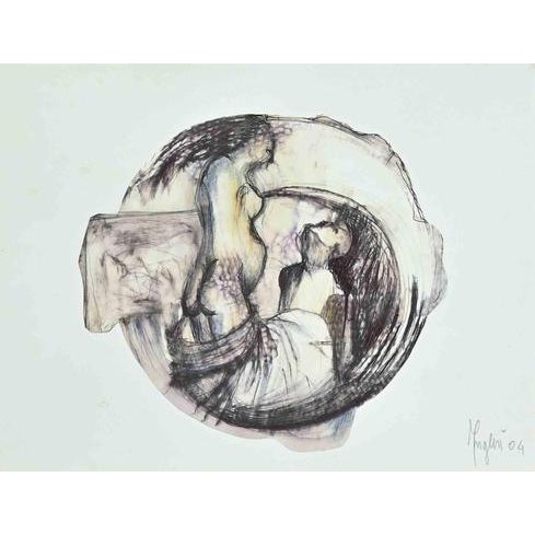 Alberto Inglesi, Figures, 2004, Ink and Watercolor Drawing, Framed For Sale