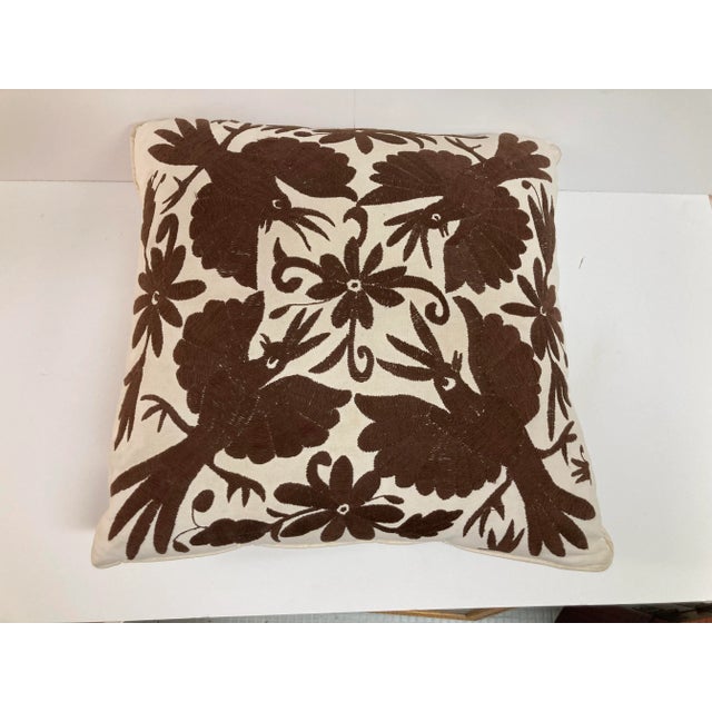 Gorgeous Crewel Work hand embroidered brown birds Toss Pillow on natural ground . We have a similar pillow available also...