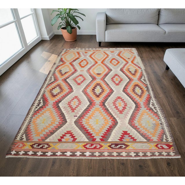 Contemporary Vintage Handwoven Turkish Rug Kilim, Primitive Tribal Statement, Bohemian Area Rug - 5′8″ X 9′6″ For Sale - Image 3 of 16