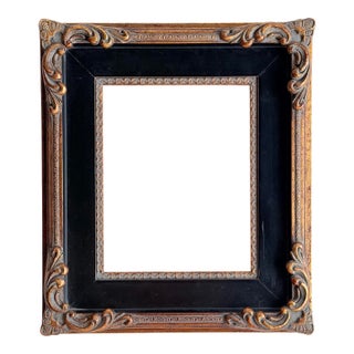 Vintage Carved Gilt & Black Picture Frame, Dark Antique Gold Finish, Fits 8x10 For Sale
