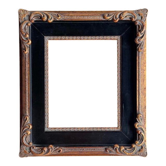 Vintage Carved Gilt & Black Picture Frame, Dark Antique Gold Finish, Fits 8x10 For Sale