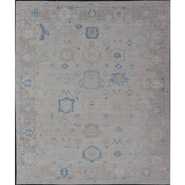 Modern Tribal Oushak With Light Taupe Colored Border and Off White Background For Sale - Image 13 of 13