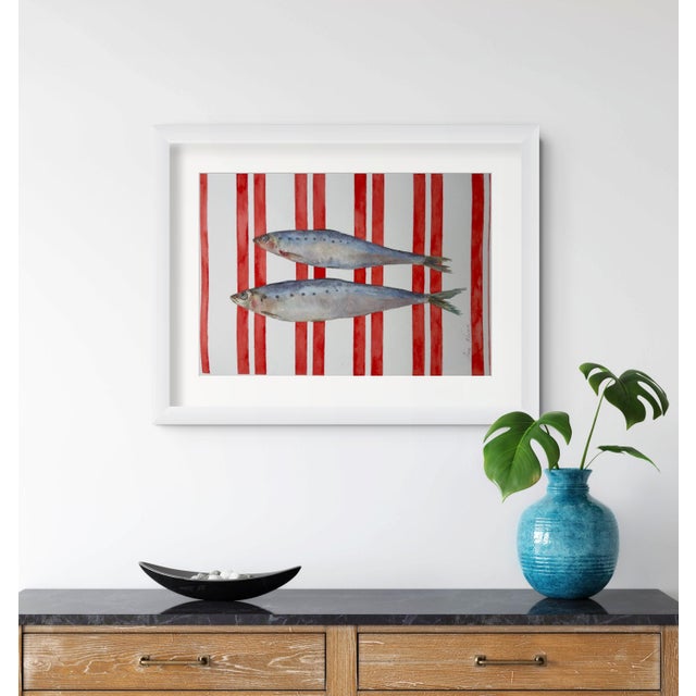 “Sardinelles on Red” Original Impressionistic Watercolor Colored Pencils on Paper Fish Still Life by Anna Novick For Sale - Image 12 of 12