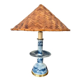 1950s Japanese Porcelain Candelabra Table Lamp With Wicker Shade For Sale