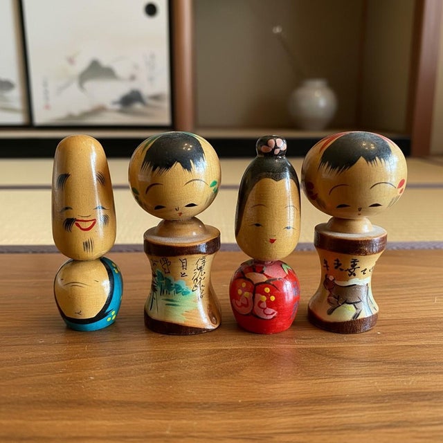 Vintage Japanese Kokeshi Dolls-Set of 4-Miniature Hand Painted Wood-Japan- MCM For Sale - Image 10 of 11
