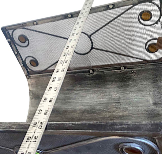 2000 - 2009 Art Deco Style Silver Toned Metal Mesh Firewood Holder Scrolling Metal Amber Glass Medallions For Sale - Image 5 of 9