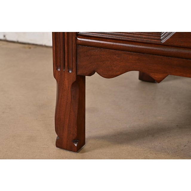 Johnson Furniture English Tudor Carved Burled Walnut Dresser or Chest of Drawers, Newly Refinished For Sale - Image 11 of 15