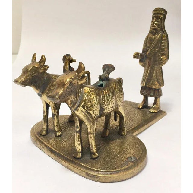 Brass Hindu Temple Oil Lamps Figures a Two Cows and Holly Man Standing For Sale - Image 13 of 13