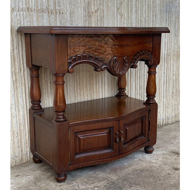 19th Century Pair of Catalan, Spanish Nightstands with Drawers & Low Open Shelf For Sale - Image 17 of 18