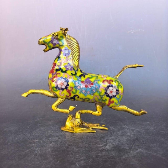 Traditional Late 19th Century Cloisonné Enamel Galloping Horse Statue on Swallow Base, 980g For Sale - Image 3 of 9