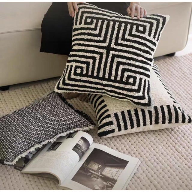 Mid-Century Modern Minimalist Geometric Pillow With Black and White Checkered Weave, 19 Inches For Sale - Image 3 of 6