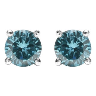 14K White Gold 1/2 Cttw Aqua Blue Diamond Screw-Back 4-Prong Classic Stud Earrings (Color Treated, I2-I3) - 2 Pieces For Sale