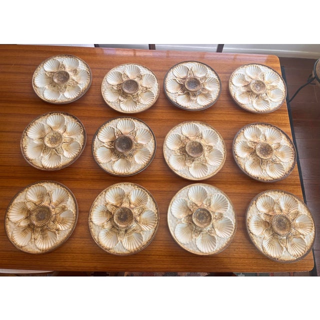 Cream Set of 12 Vintage French Majolica Oyster Plates by Longchamp For Sale - Image 8 of 8