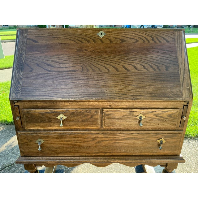 Wood 1980s Ethan Allen Jacobean Style Oak Drop Front Secretary Desk For Sale - Image 7 of 11