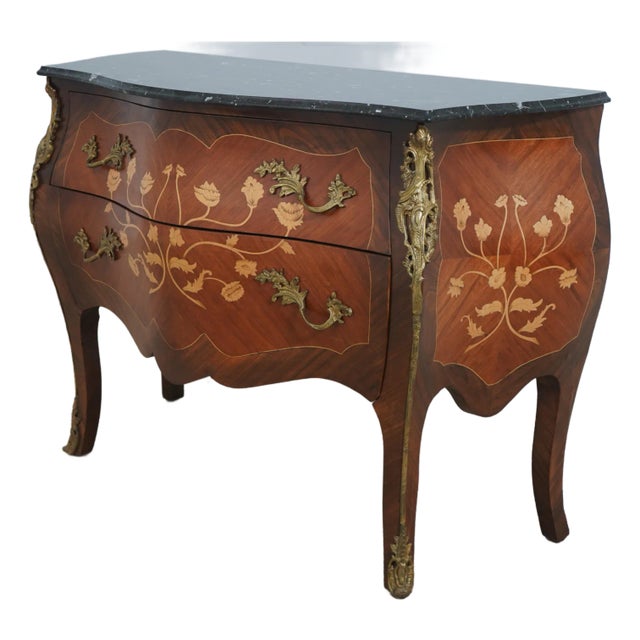 French Louis XV Marquetry Inlaid Marble Top Commode Chest For Sale