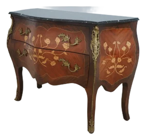 French Louis XV Marquetry Inlaid Marble Top Commode Chest
