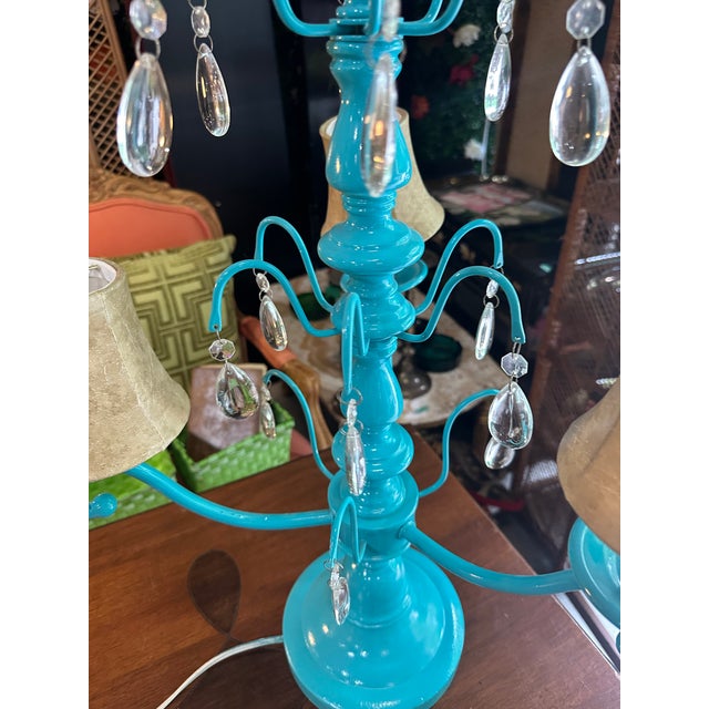 Shabby Chic 1970s Bright Blue Multi-Light and Crystal Table Lamp For Sale - Image 3 of 8