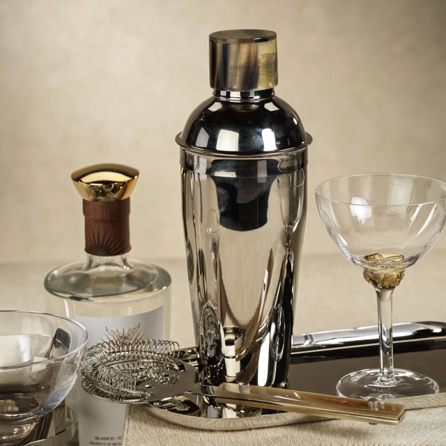 Notable for its glossy gold finish glass shaker that beautifully catches and reflects the light, this vessel gives a...