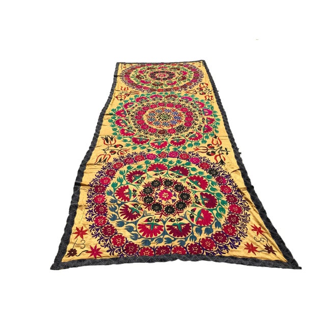 Yellow Handmade Suzani Large Silk Tablecloth Tapestry For Sale - Image 8 of 8
