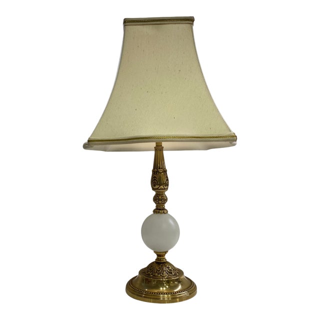 Vintage Hollywood Regency Solid Brass & Frosted Glass Orb Table Lamp For Sale