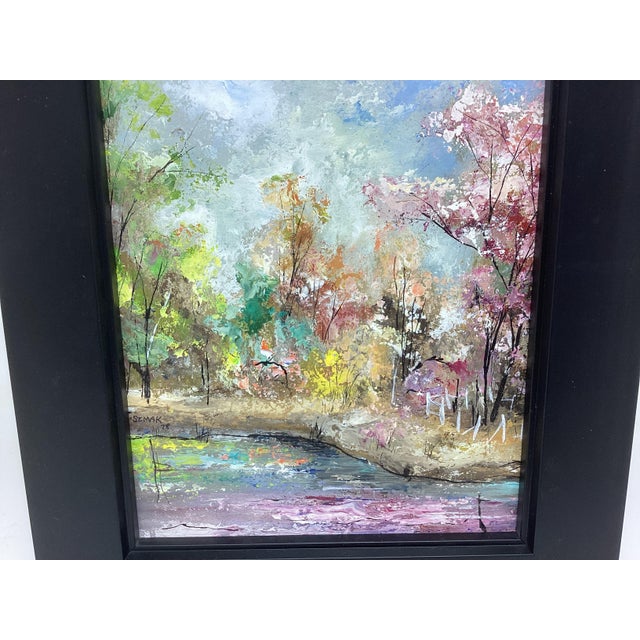 Spring Landscape Impressionist Oil Painting on Masonite Board by Stacy Szmak. Signed just about a third of the way up on...