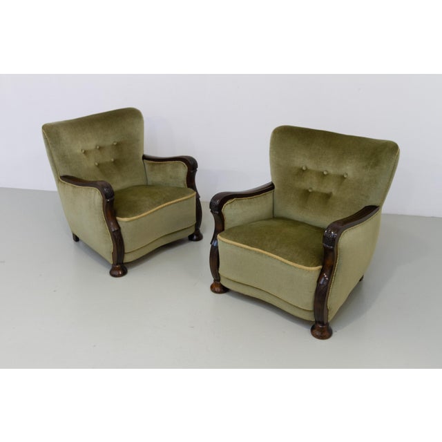 Danish Art Deco Green Velvet Lounge Chairs, 1930s. Set of 2. Pair of gorgeous Scandinavian lounge chairs in green mohair...