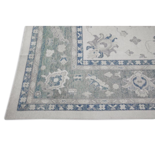 Modern Early 21st Century Blue & Green Floral Design Handwoven Wool Turkish Oushak Rug 9'6" X 13'10" For Sale - Image 3 of 8