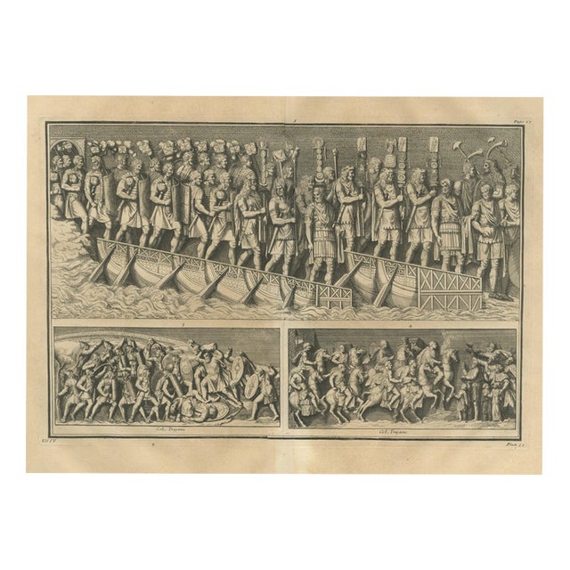 Bernard de Montfaucon, Roman Army Crossing a Bridge of Boats, Trajan's Column, 1722, Engraving For Sale