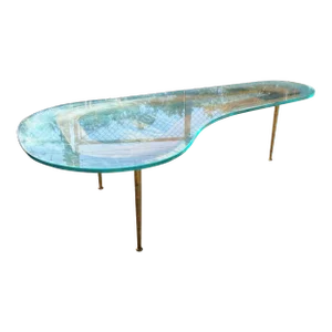 Rare Boomerang Coffee Table With Thick Glass Top + Tall Brass Legs | Mid Century Modern