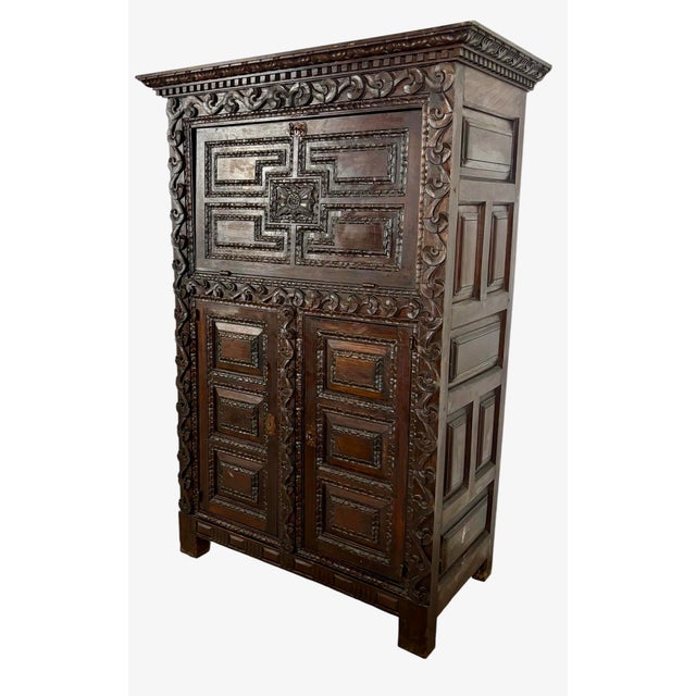 Antique Baroque Oak Fall-Front Cabinet with Deep Carved Decoration, 1880 For Sale - Image 18 of 18