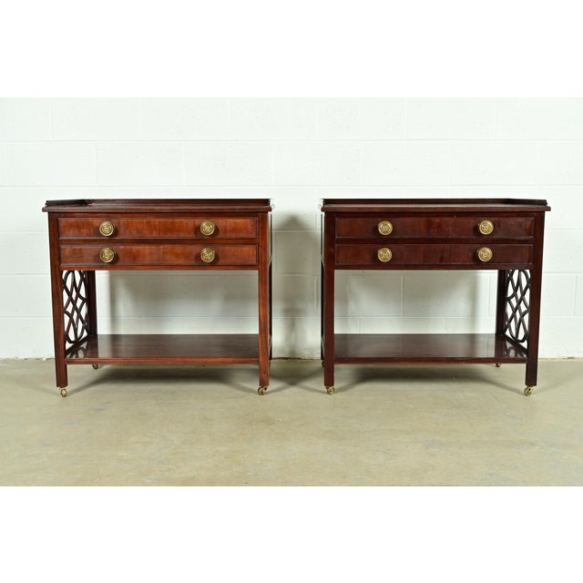 English Baker Furniture Historic Charleston Chippendale Carved Mahogany Rolling Buffet Servers, Pair For Sale - Image 3 of 11