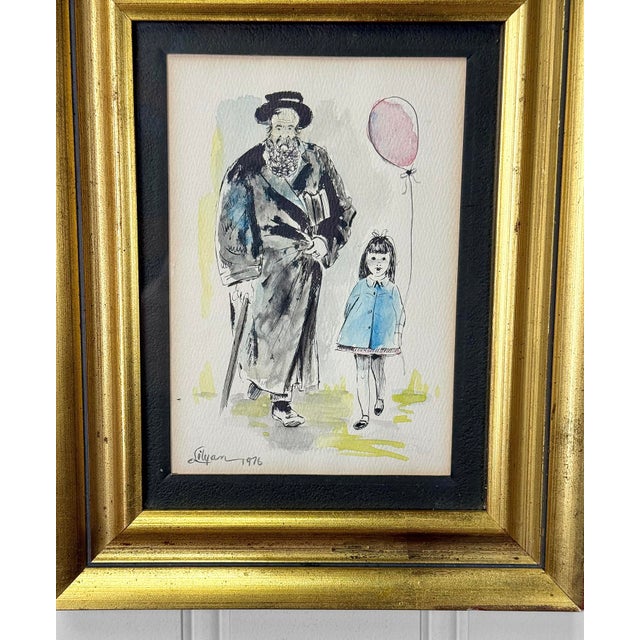 1970s Vintage 1976 Jewish Rabbi & Girl W/ Balloon Signed Watercolor Painting For Sale - Image 5 of 9